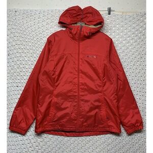 Columbia Windbreaker Hoodie Womens Sz L Red Sherpa Fleece Full Zip Logo Rain